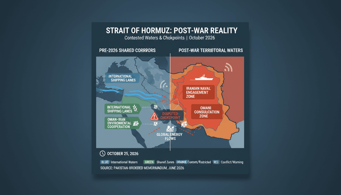Stylized maritime map outlining shipping corridors and territorial boundaries across the Strait of Hormuz chokepoint.