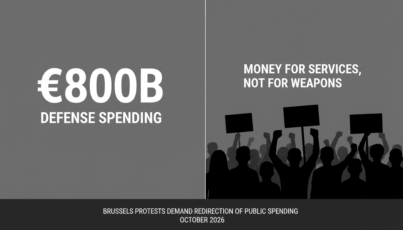 Demonstrators marching in Brussels holding banners demanding public spending on welfare instead of defense procurement