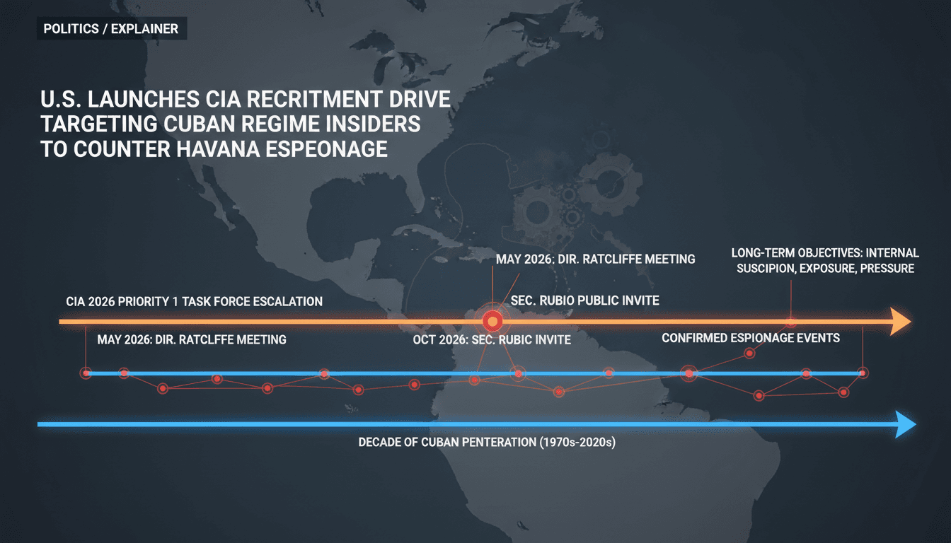 Minimalist map graphic of the United States and Cuba showing intelligence flow lines and counterintelligence recruitment vectors.