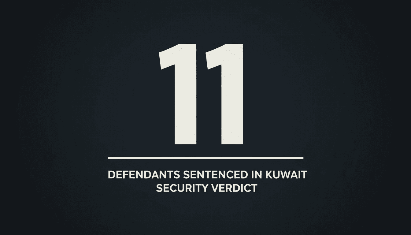 Minimalist dark visual card displaying the number 11 regarding the Kuwait security and espionage verdict