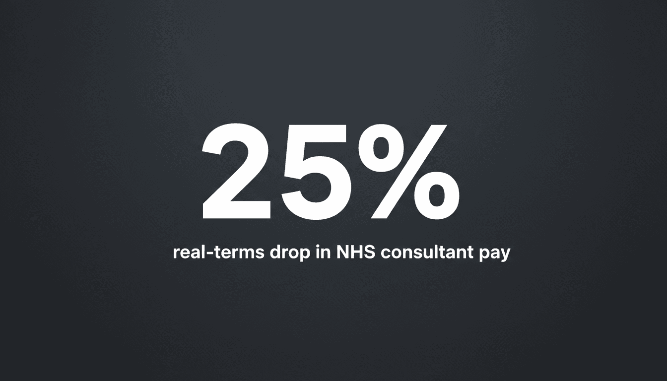 Digital typography displaying 25 percent pay drop text highlighting the NHS consultants strike in England
