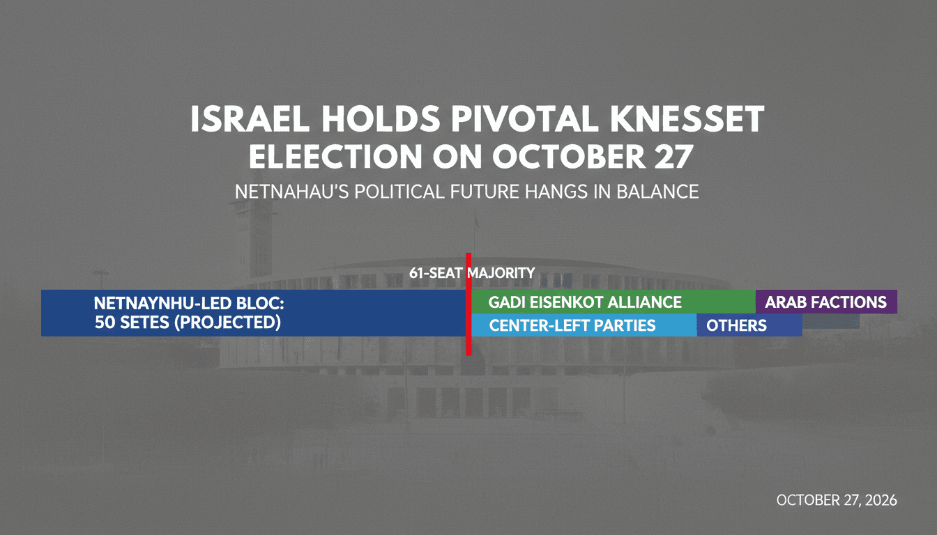 Infographic of the 120-seat Knesset showing the 61-seat threshold and bloc divisions in the 2026 Israel election
