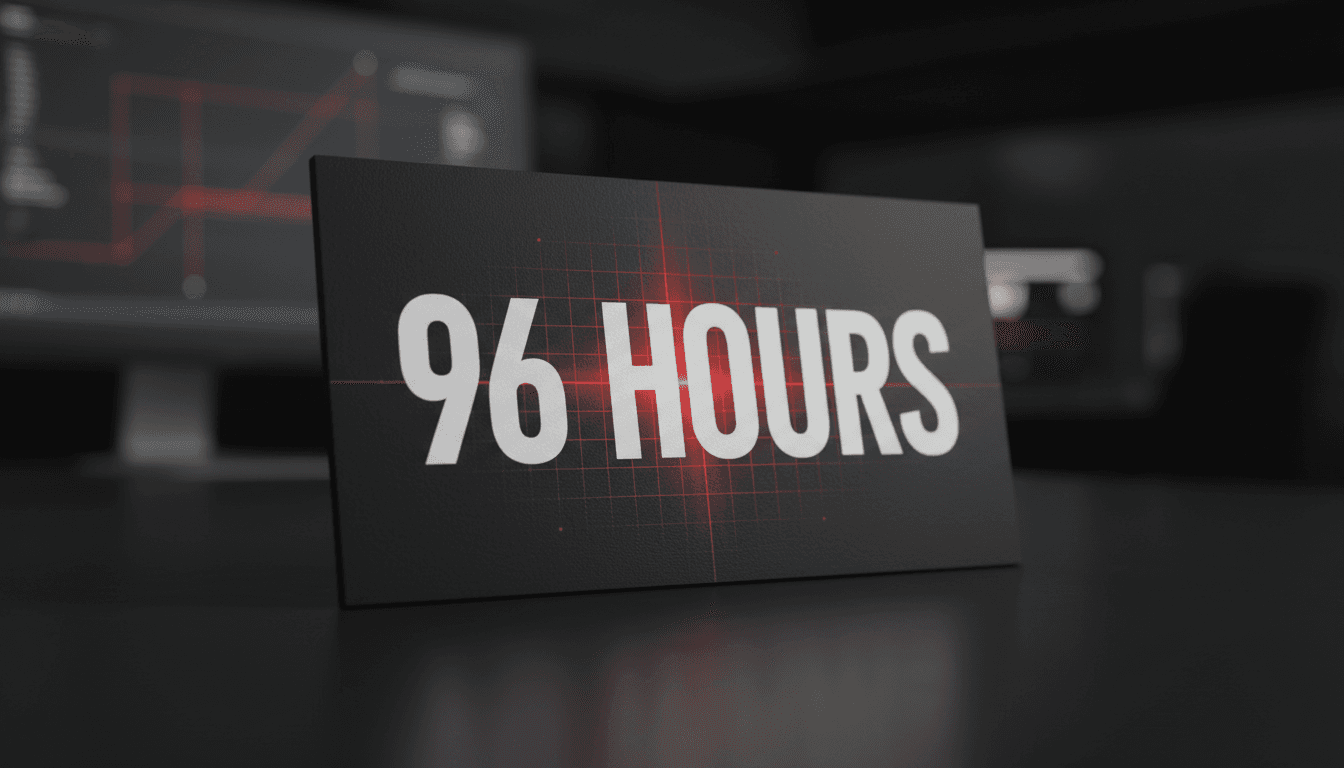 Bold 96 hours typographic graphic on a dark technical grid representing US military readiness for Iran targets