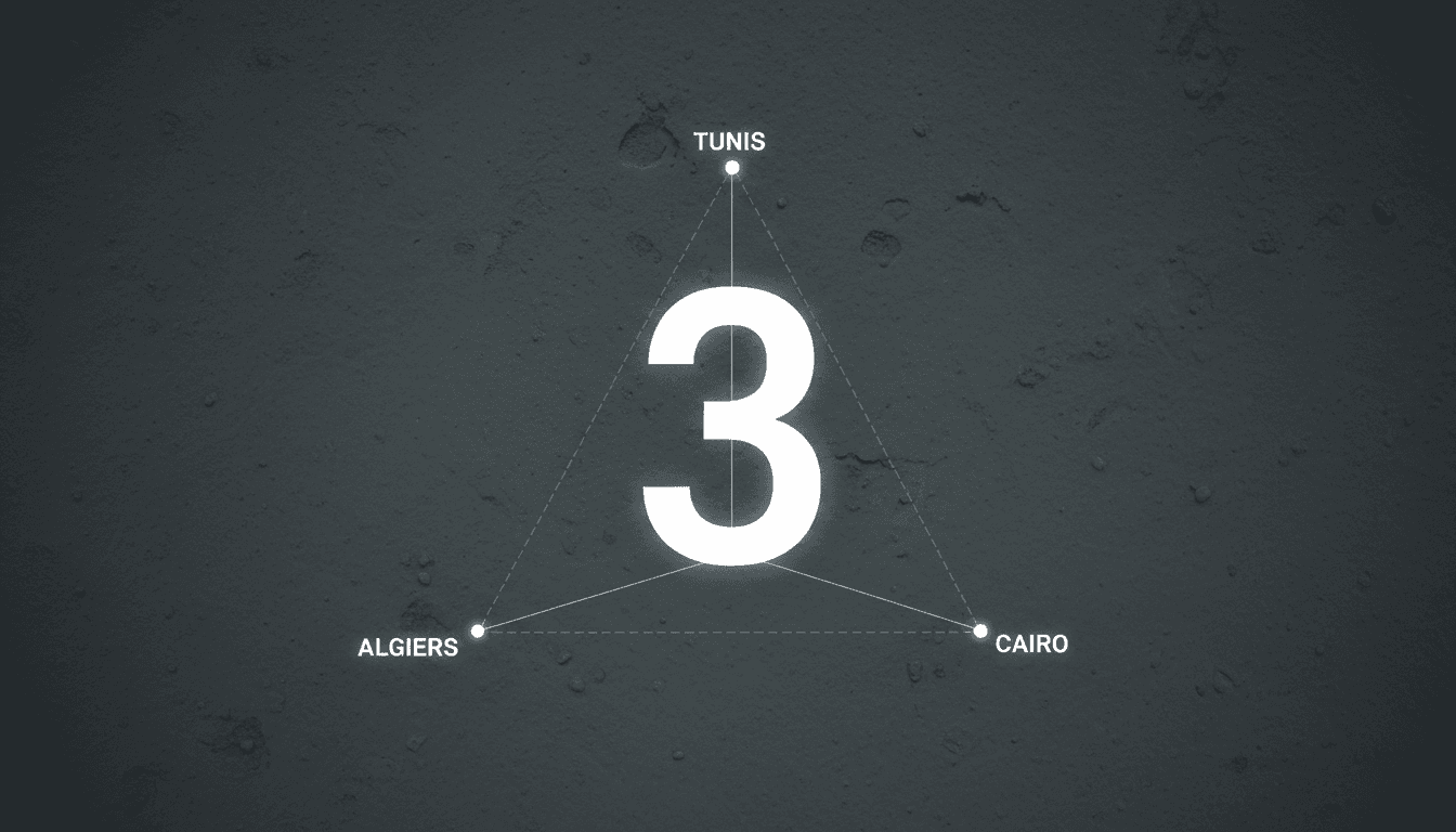 Minimalist map graphic showing diplomatic alignment between Algeria, Egypt, and Tunisia regarding Libya