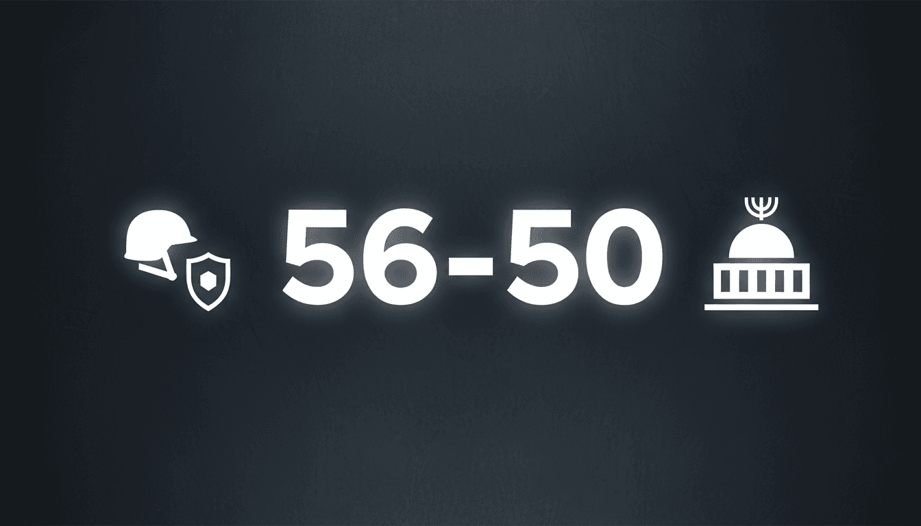 Minimalist infographic displaying the 56 to 50 Knesset projection ratio regarding the Israel military directives dispute.