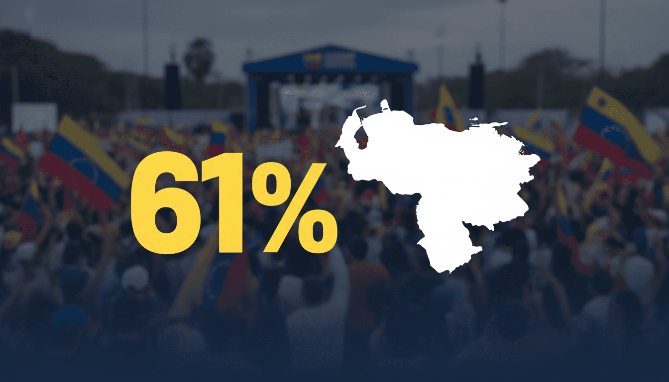 Minimalist graphic highlighting 61 percent poll support for María Corina Machado in Venezuela
