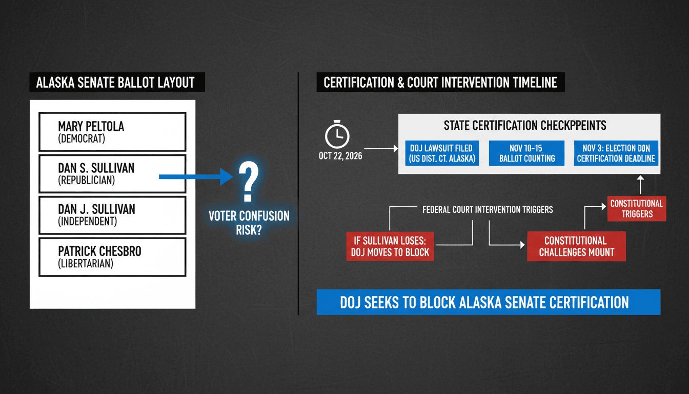 Diagram of Alaska Senate ballot displaying candidate names Dan S Sullivan and Dan J Sullivan with legal certification pathways.