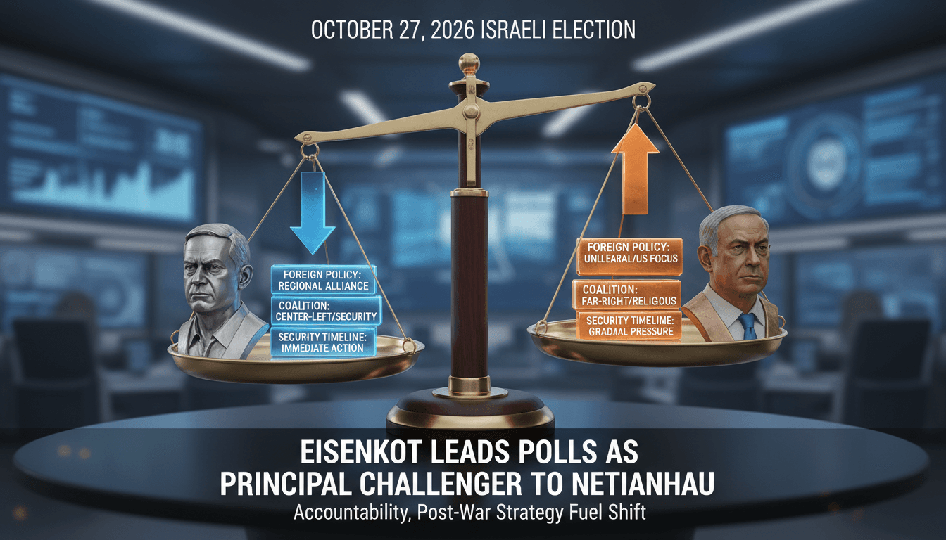 Minimalist infographic detailing Israel's 2026 election matchup between Gadi Eisenkot and Benjamin Netanyahu.