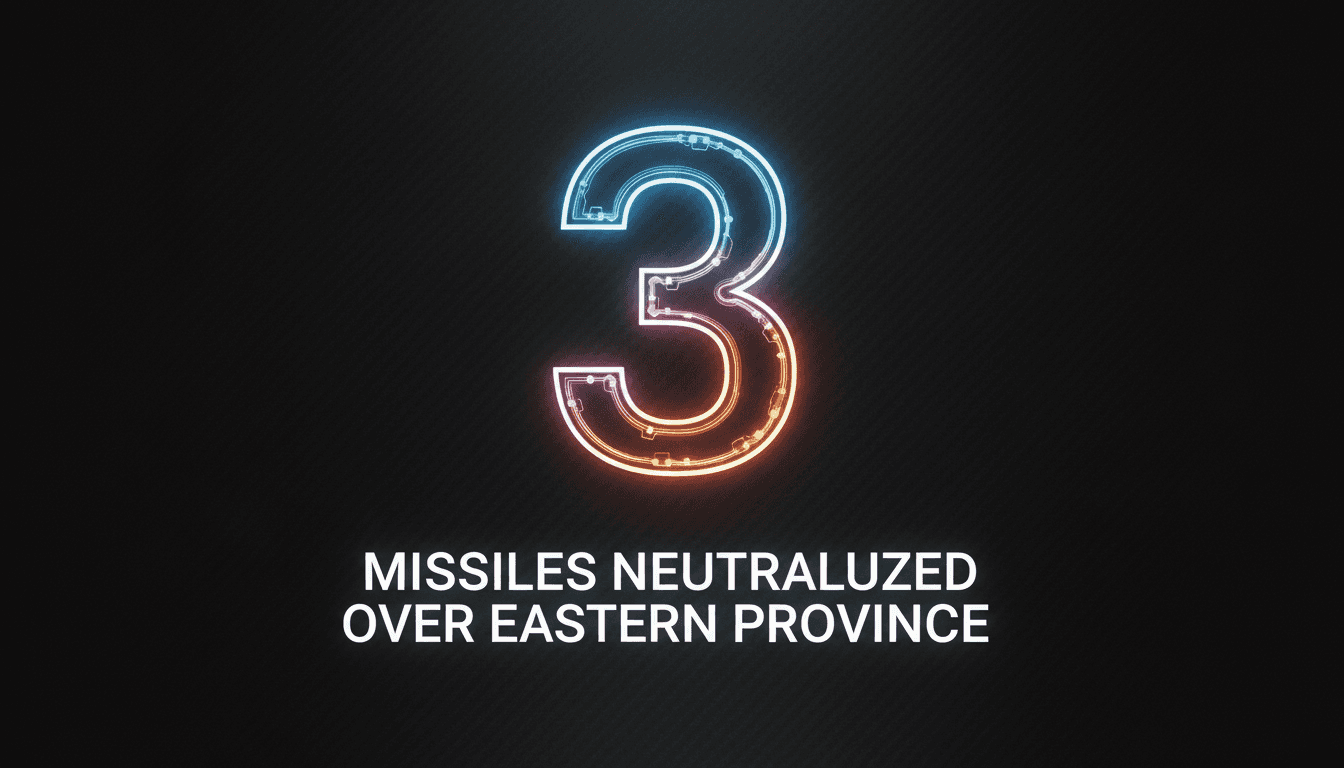 Minimalist dark digital card highlighting the number 3 representing Saudi missile interception over the Eastern Province