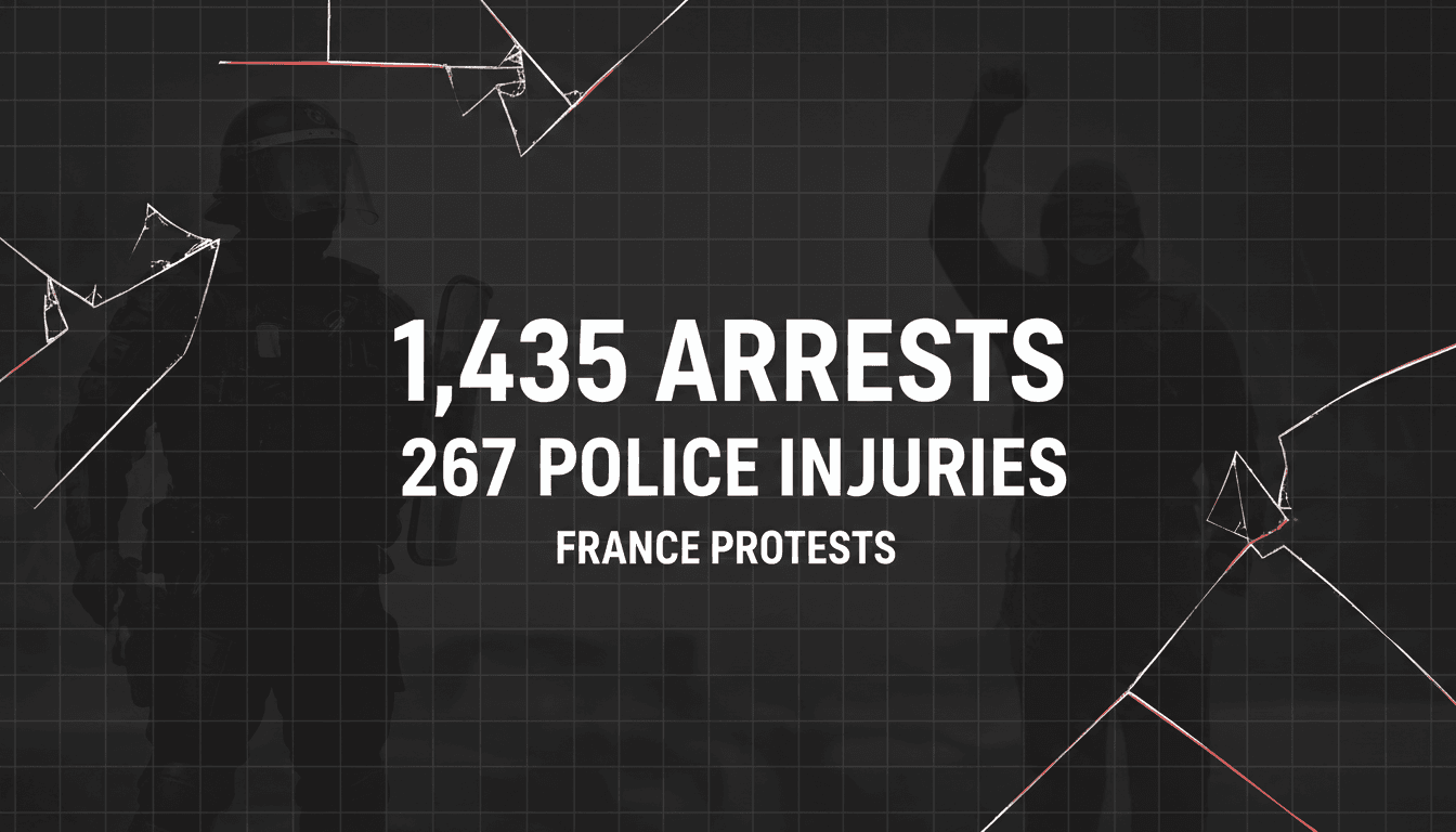 Minimalist dark data card showing 1,435 arrests during France cost-of-living protests in bold white numbers