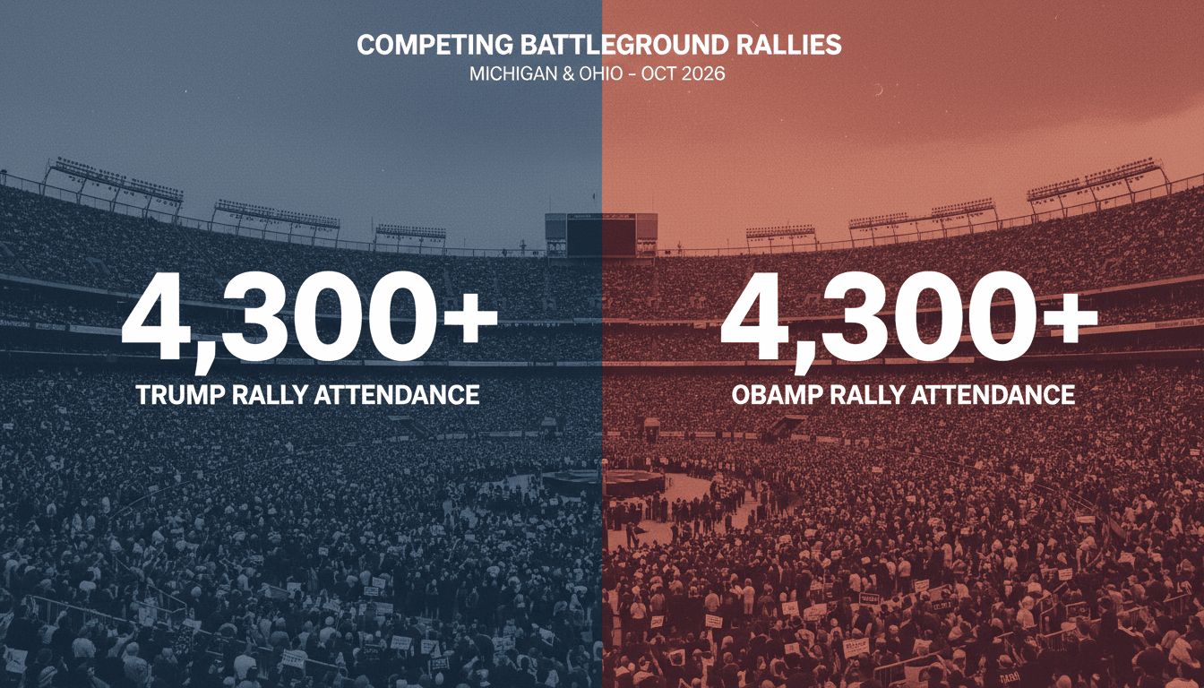 Silhouette of a packed political campaign arena beneath bold typography displaying attendance figures for midterm rallies.
