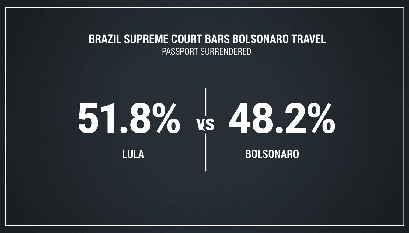 Minimalist graphic highlighting Brazil election runoff vote share and Flavio Bolsonaro travel restrictions