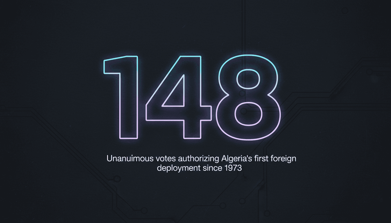 Minimalist dark-slate card featuring bold typography detailing Algeria military deployment vote count for Niger energy protection