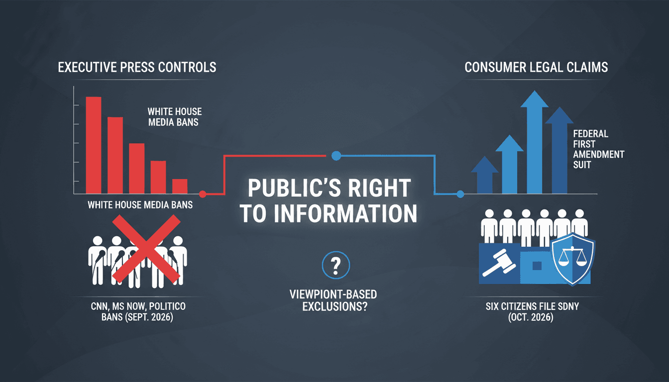 Diagram showing the legal flow between executive media credential restrictions and public audience First Amendment challenges.