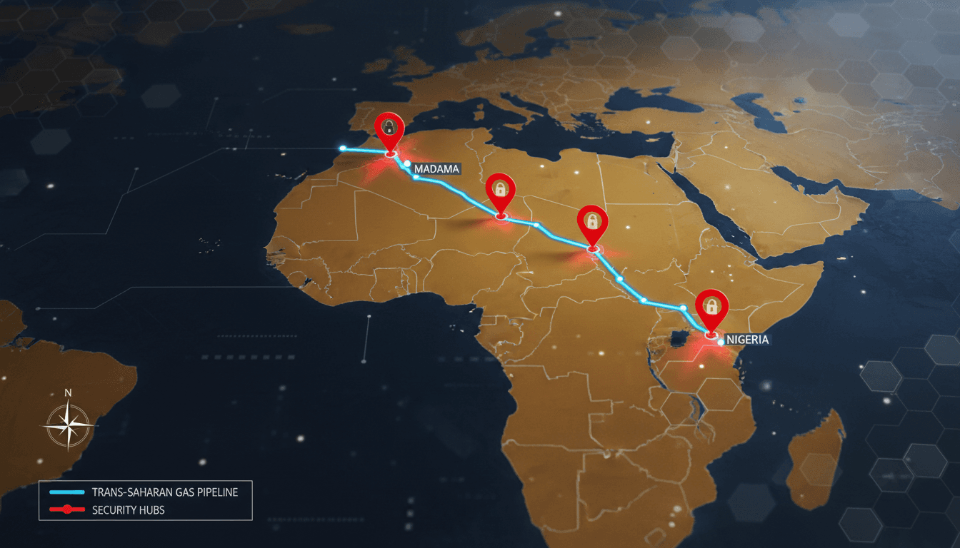 Strategic transit map of Algeria and Niger showing cross-border energy infrastructure and pipeline protection zones.