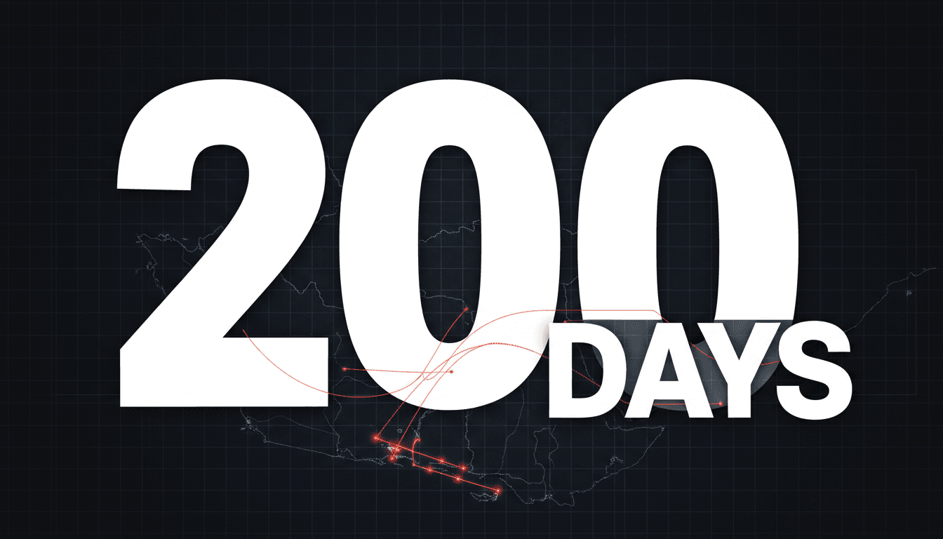 Minimalist dark editorial card showing bold white typography reading 200 days over Iran nuclear talks context
