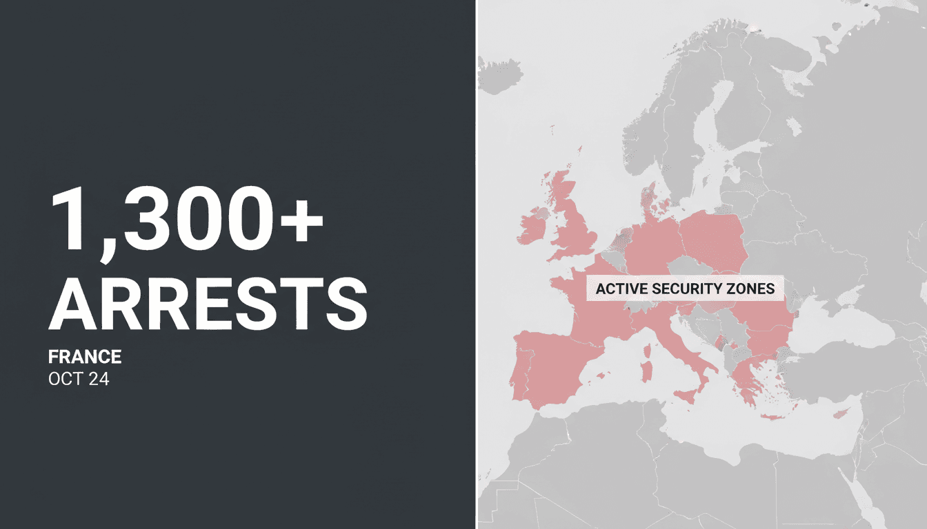 Map graphic showing European protest hubs with bold text highlighting over 1300 arrests in France