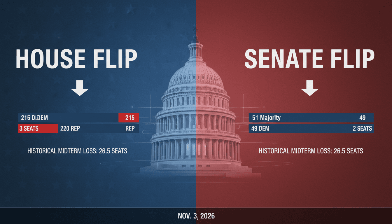 Infographic showing the 2026 US midterm elections battleground map for House and Senate control.