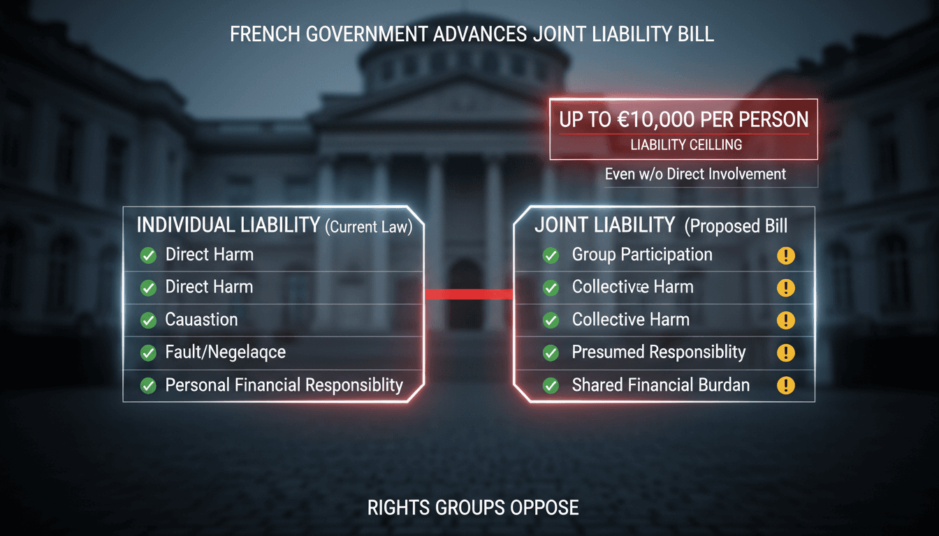 Infographic detailing the €10,000 joint civil liability threshold under France's proposed rioters pay legislation.
