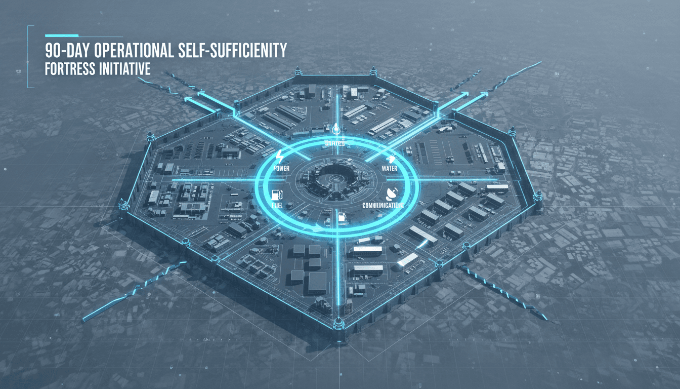 Architectural schematic of a U.S. military base running on independent microgrid power and water reserves under the FORTRESS initiative.