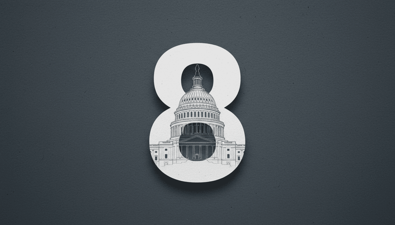Minimalist graphic highlighting the number 8 representing impeachment articles against Pete Hegseth