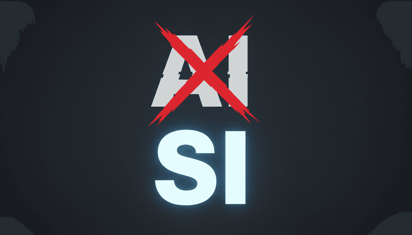 Bold typographic graphic contrasting the crossed-out letters AI with the replacement term SI on slate background