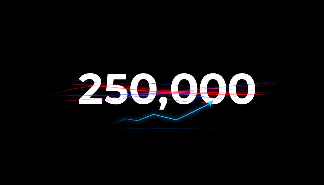 Minimalist dark-mode graphic with bold text displaying the number 250,000 during French student protests
