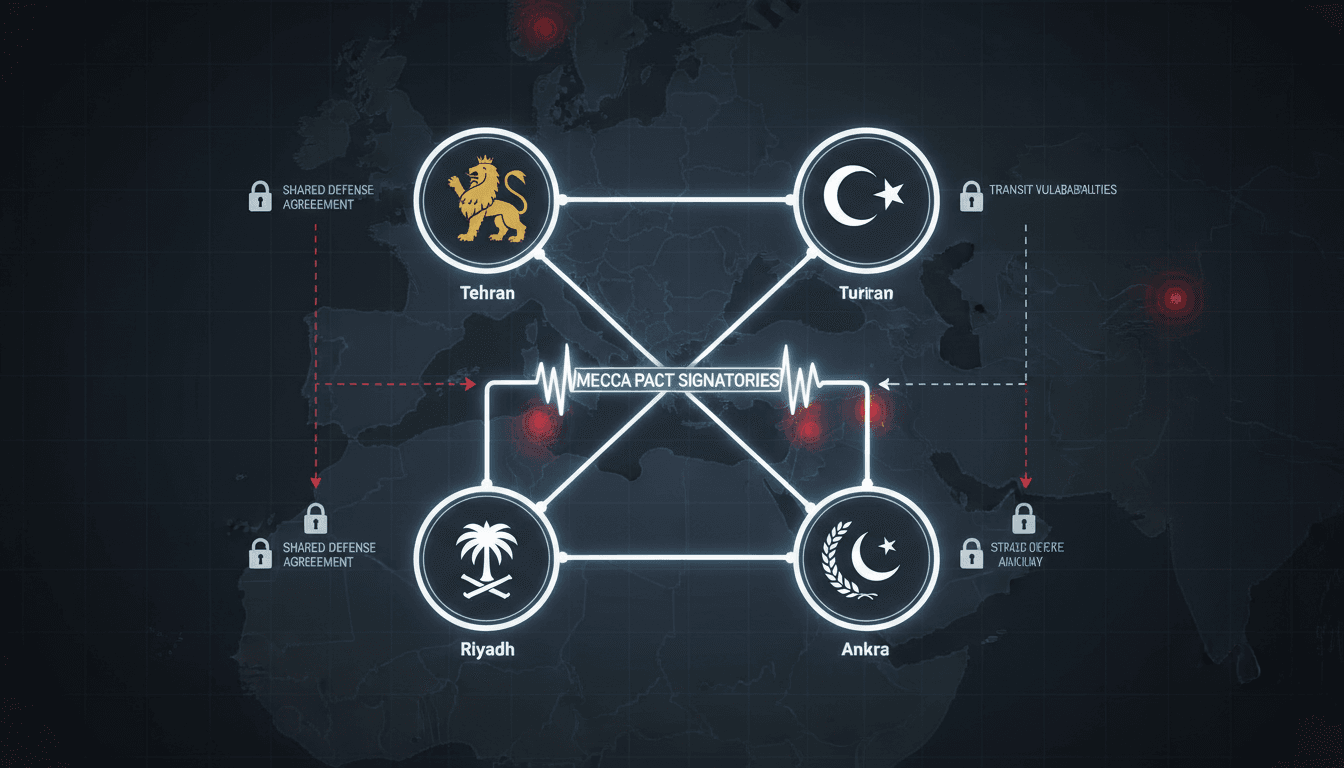 Analytical diagram illustrating diplomatic and defense links between Iran, Saudi Arabia, Turkey, and Pakistan during Tehran security talks
