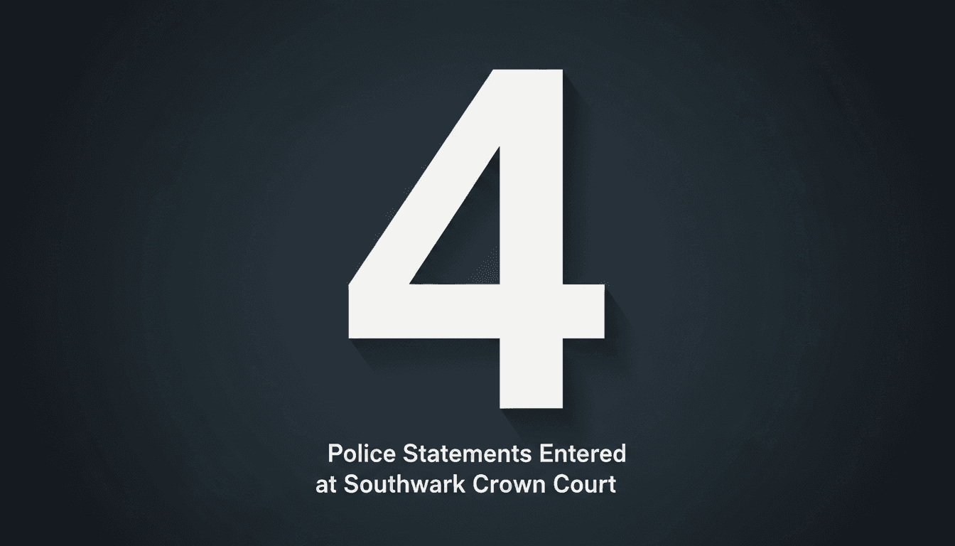 Minimalist dark graphic displaying key case figures regarding the Russell Brand trial at Southwark Crown Court