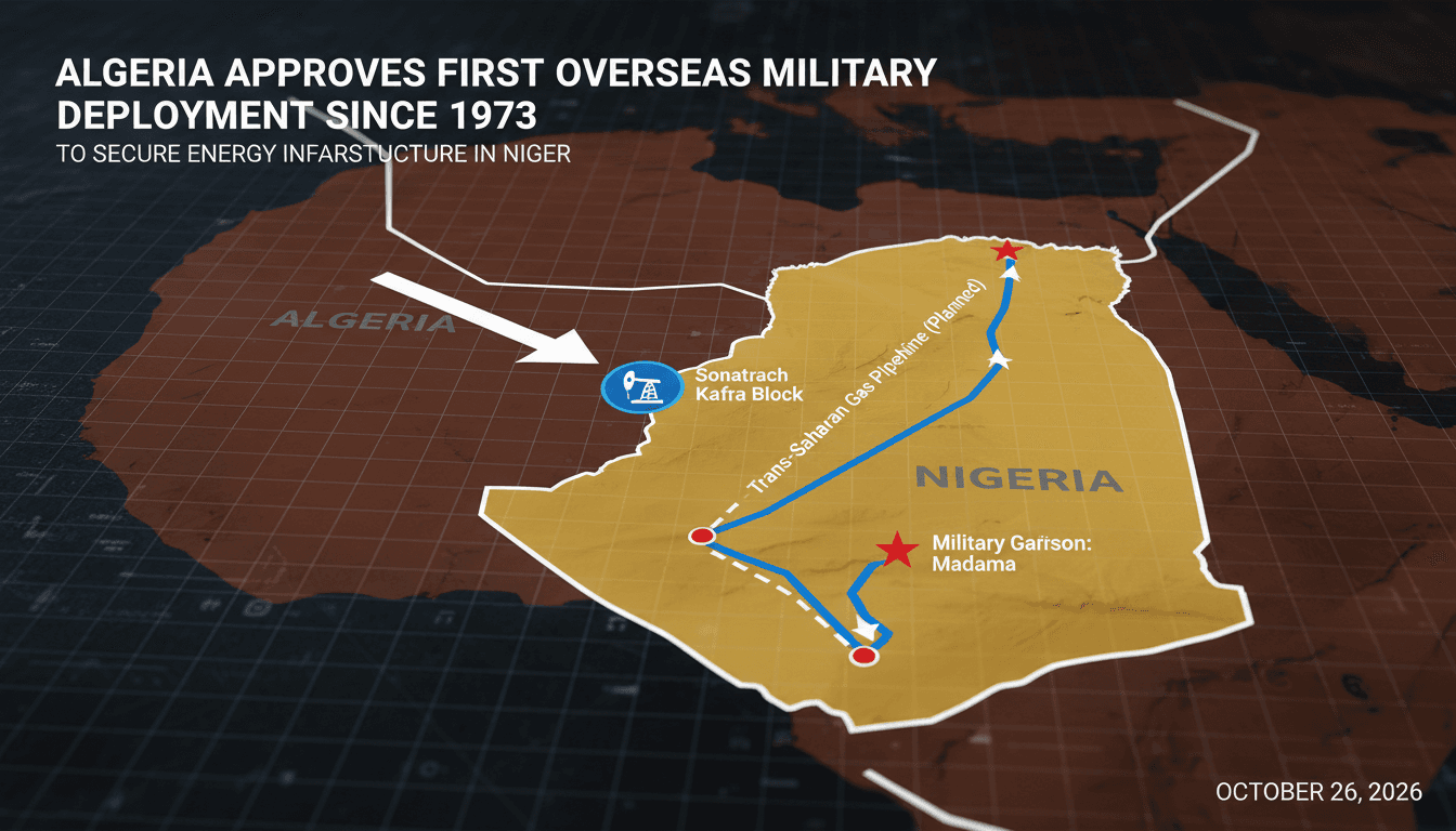 Strategic map of northern Niger showing Sonatrach energy assets, the Trans-Saharan pipeline route, and Algeria military deployment at Madama.