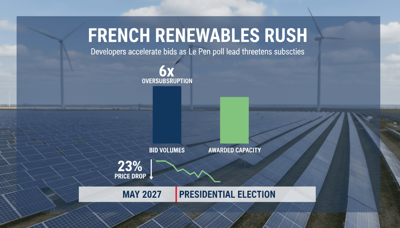 Chart showing French renewable energy auction bids surging nearly six times available capacity ahead of 2027 election