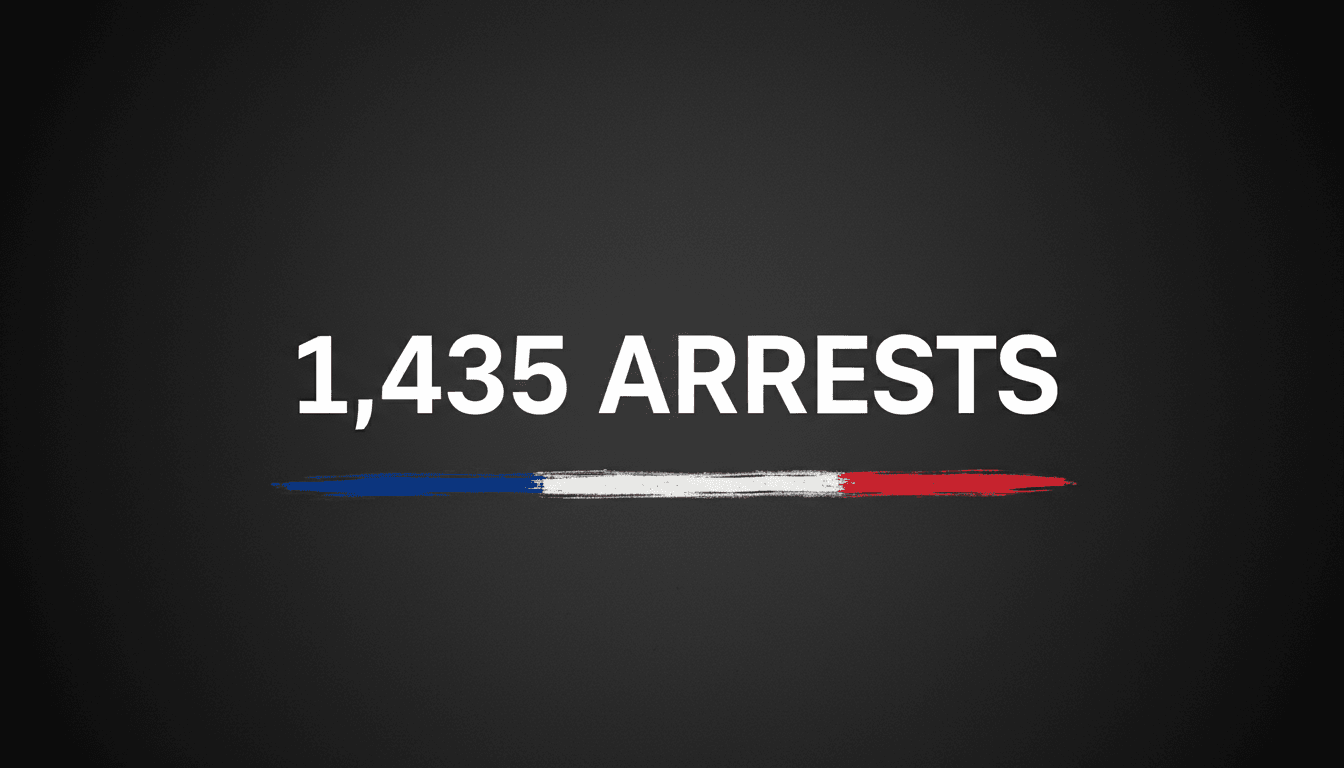 Minimalist card displaying the text 1435 arrests over a dark textured background highlighting France protests
