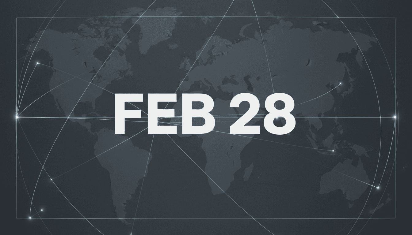 Typographic graphic highlighting February 28 date overlaying strategic Indo-Pacific maritime transit maps