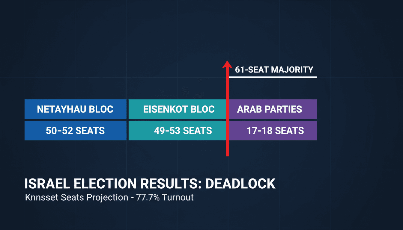 Knesset seat projection chart showing Netanyahu and Eisenkot blocs falling short of a 61-seat majority in the 2026 Israel election.