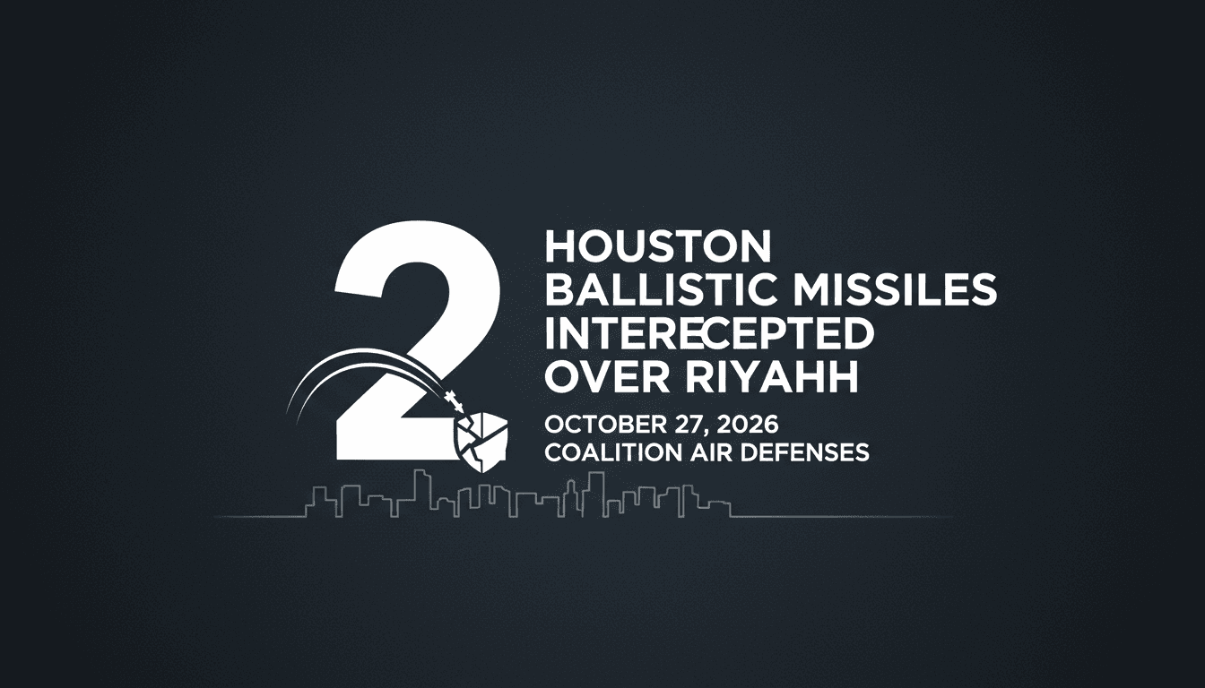 Minimalist dark data card showing two intercepted ballistic missiles over Riyadh with clear typography