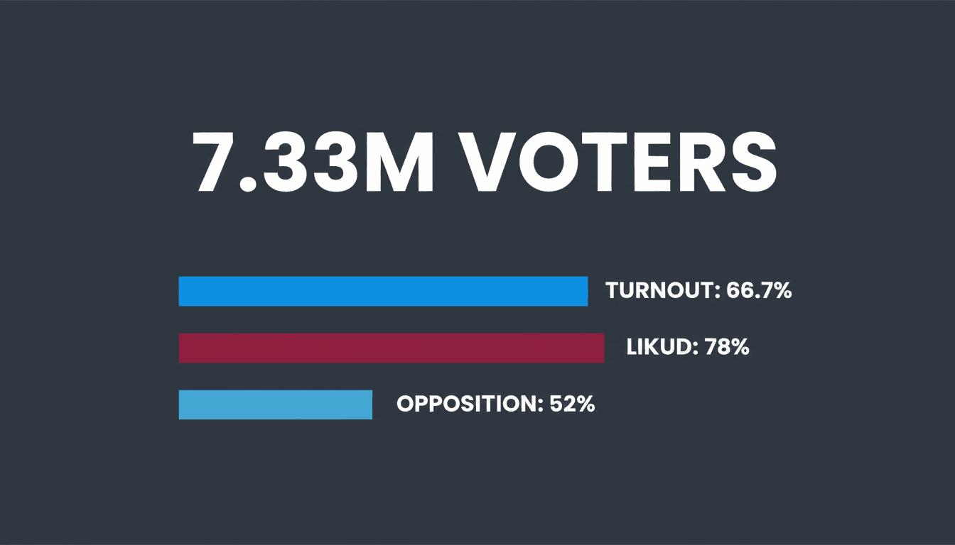 Minimalist graphic card showing the 2026 Israeli Knesset election turnout data and voter statistics