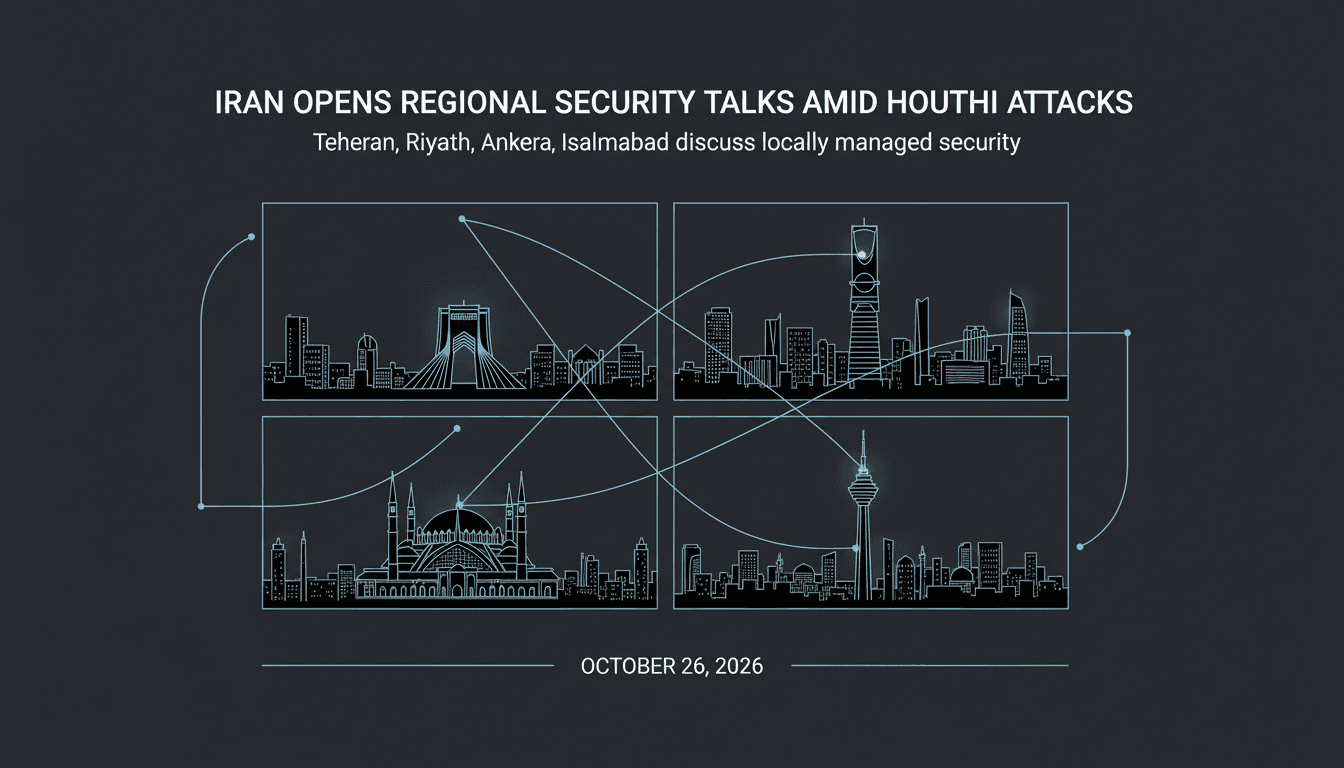 Minimalist map graphic showing diplomatic lines connecting Tehran, Riyadh, Ankara, and Islamabad during Iran security talks.