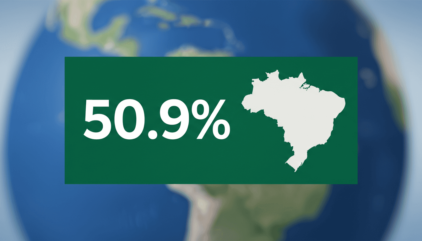 Minimalist graphic of Brazil featuring the bold number 50.9% representing Lula da Silva election win