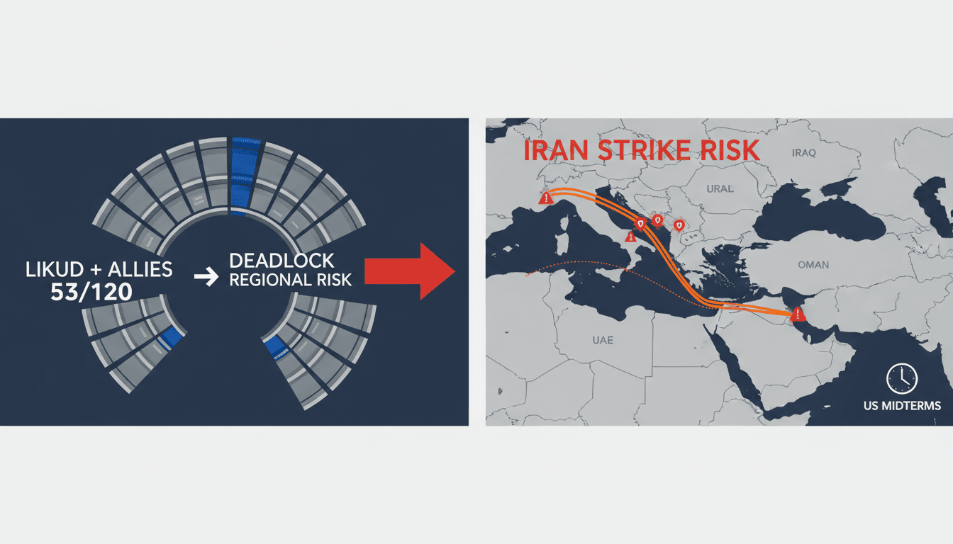 Knesset seat distribution chart alongside a geopolitical map of Iran and Gulf maritime oil routes.