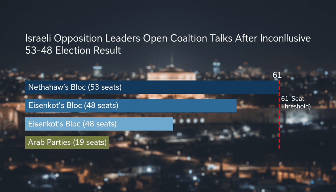Knesset seat distribution diagram showing 53-48 political deadlock and the 61-seat majority threshold