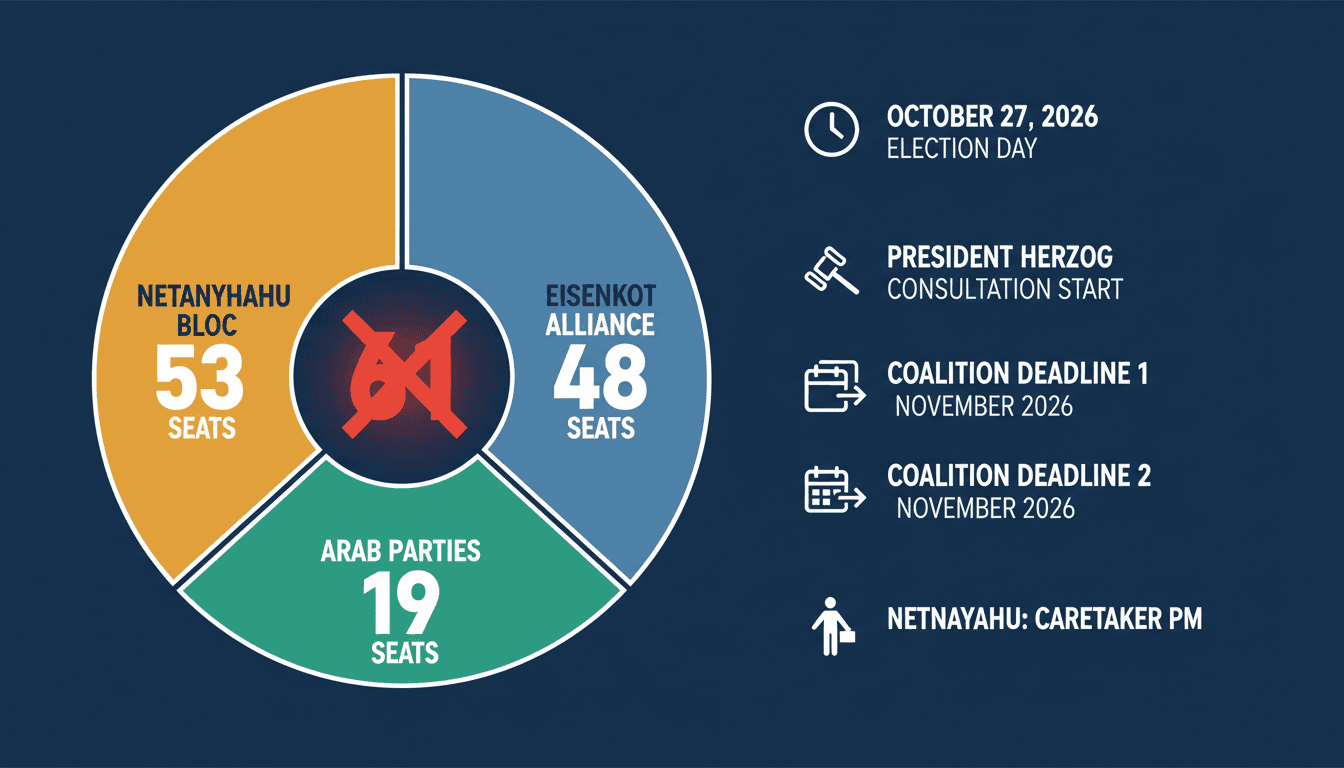 Infographic showing the 120-seat Knesset breakdown from Israel's 2026 election deadlock with 53, 48, and 19 seat distributions