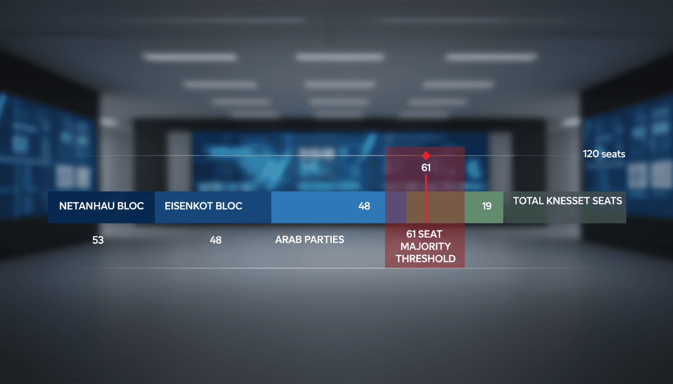 Knesset seat distribution chart highlighting the Israel coalition deadlock and the 61-seat majority threshold.