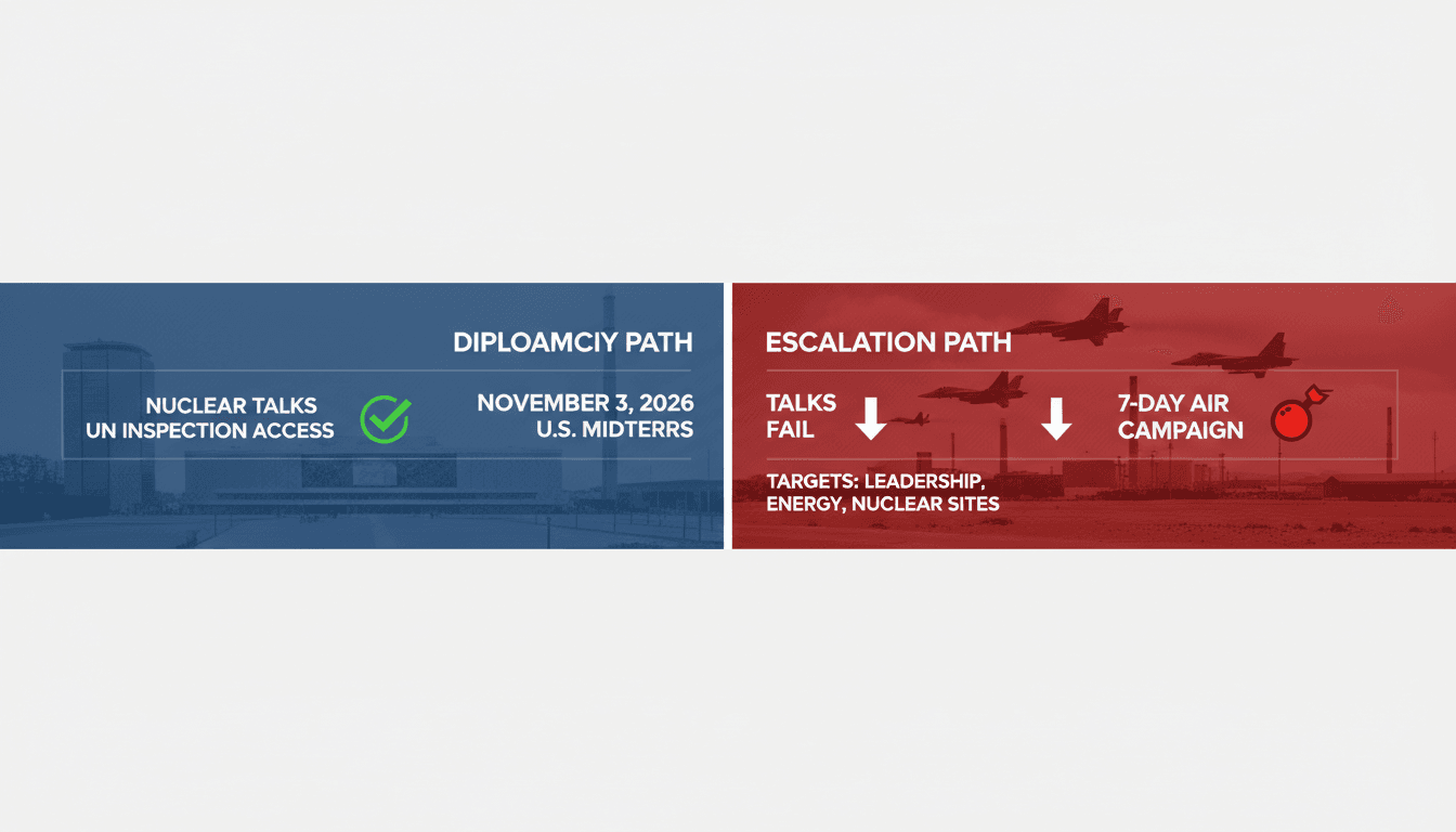 Infographic detailing potential U.S. and Israeli air strike campaign timelines and energy target sectors in Iran.