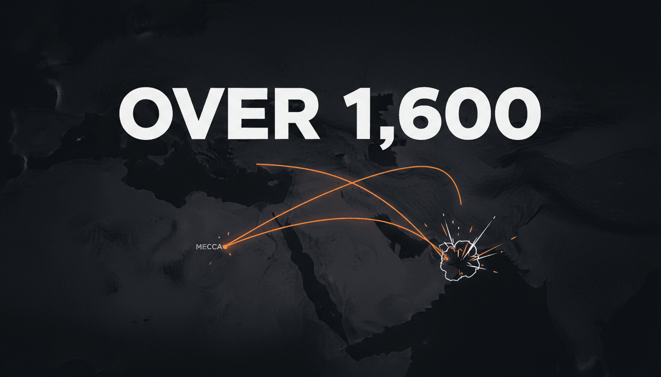 Minimal graphic showing aerial route corridors and flight paths over the Arabian Peninsula near Mecca