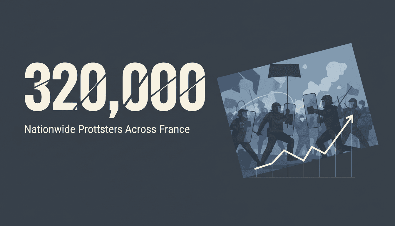 Minimalist dark visual card displaying 320,000 nationwide turnout figure for Paris protests.