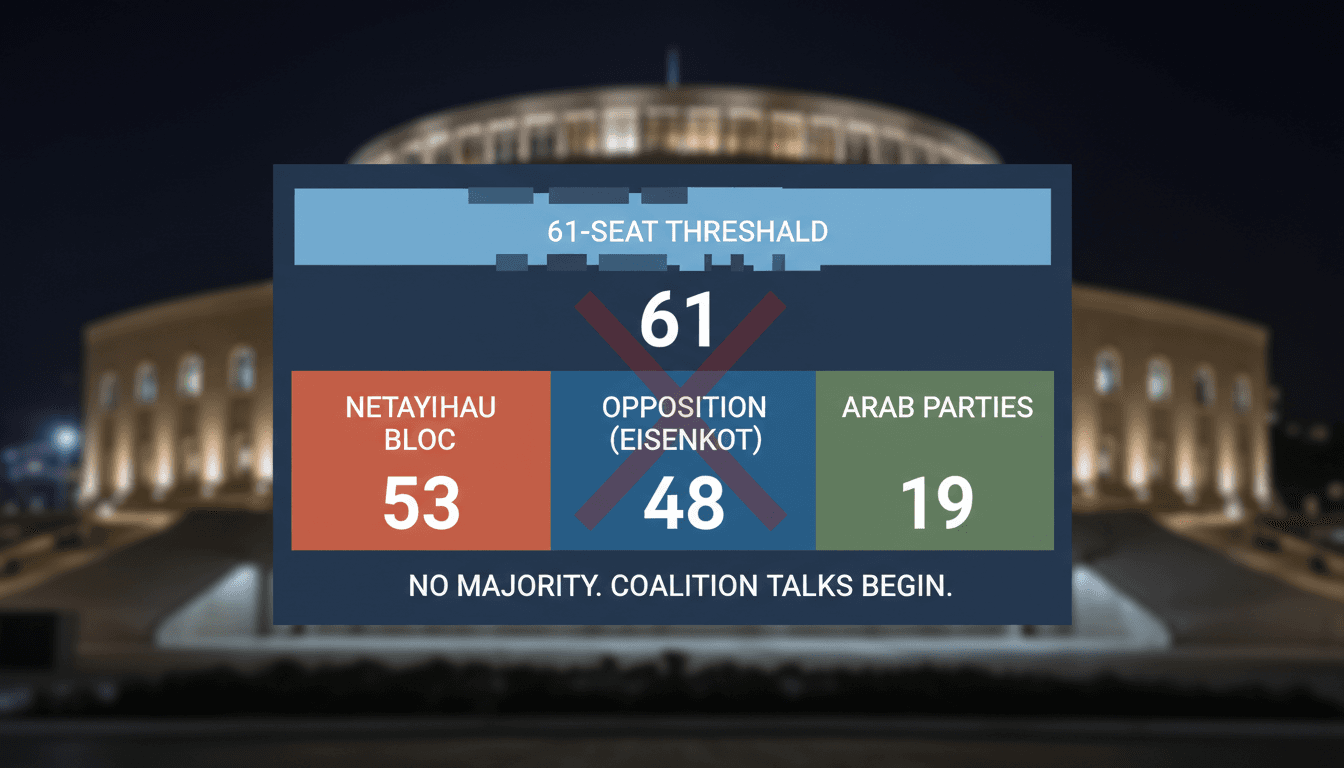 Minimalist data chart displaying the 120-seat Knesset breakdown across party blocs following the 2026 Israel election