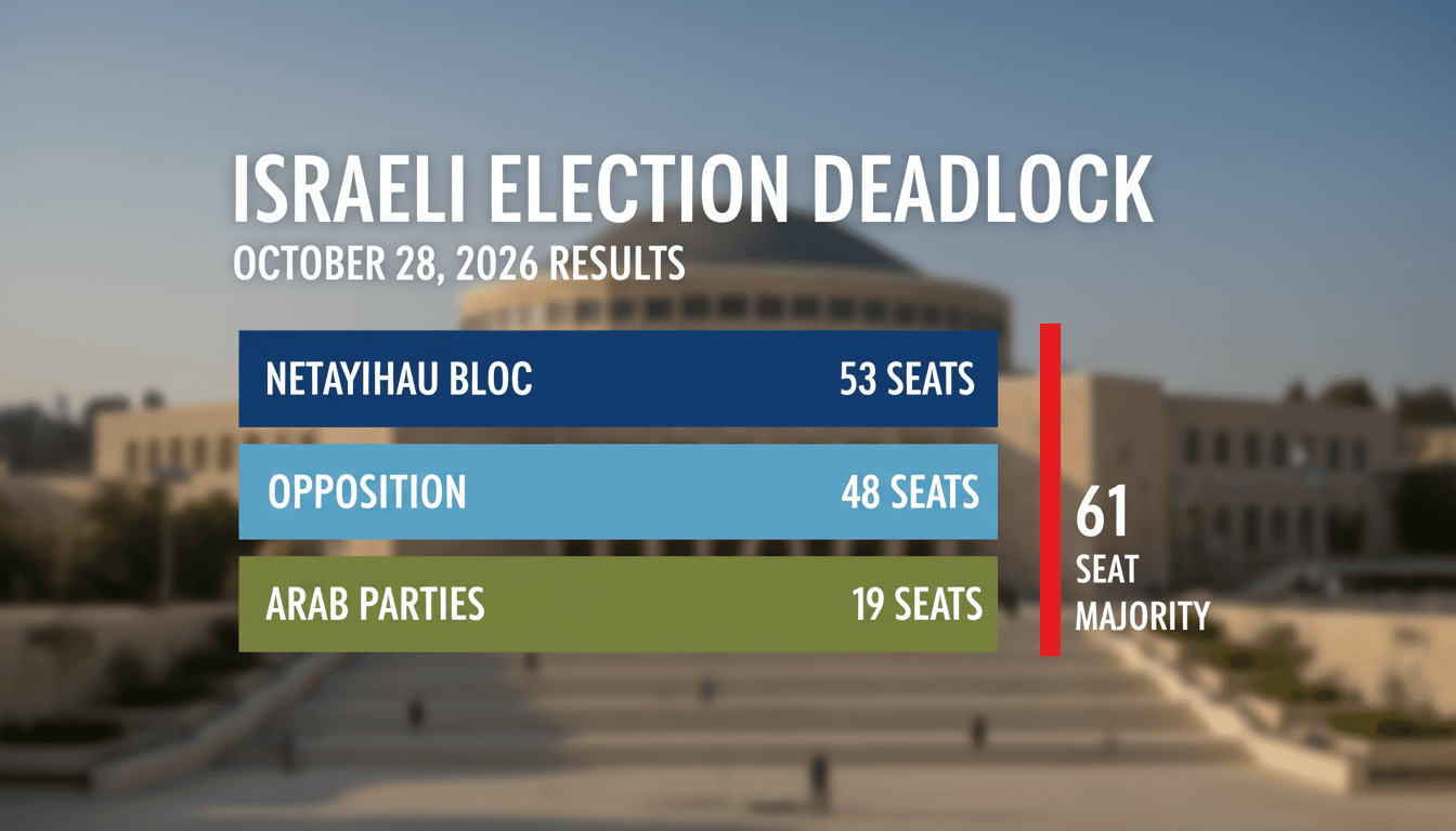 Knesset seat allocation graphic showing Netanyahu bloc at 53 seats short of the 61 seat majority in Israeli election.