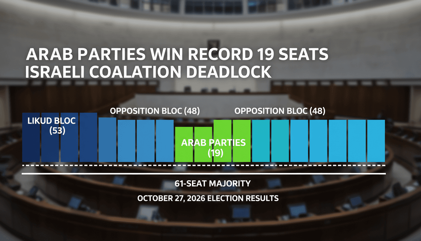 Knesset seat breakdown graphic illustrating Israel coalition deadlock with 19 Arab party seats highlighted