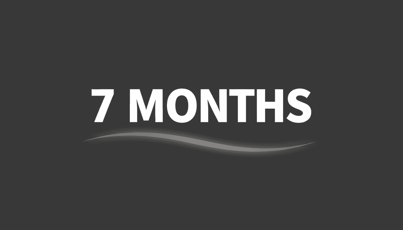Minimalist typographic graphic showing 7 months text representing the US-Iran conflict timeline with subtle maritime wave details