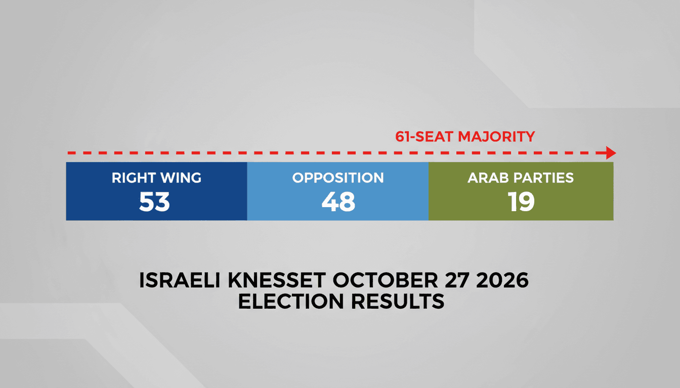 Infographic showing Israel 2026 Knesset seat breakdown of 53 right-wing, 48 opposition, and 19 Arab party seats.